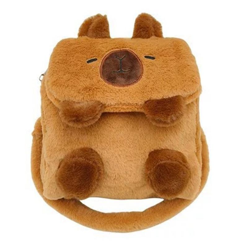 Cartoon Plush Capybara Animal Backpack for Teens Multiple Pockets Student School Bag Zippered Crossbody Shoulder Bag