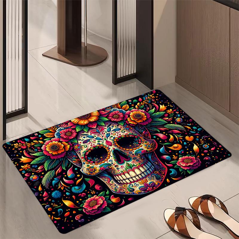 Halloween Smiling Flowers Skull Doormat Soft Rug For Bedroom Living Room Carpet Welcome Mat Outdoor Carpet Home Decoratio