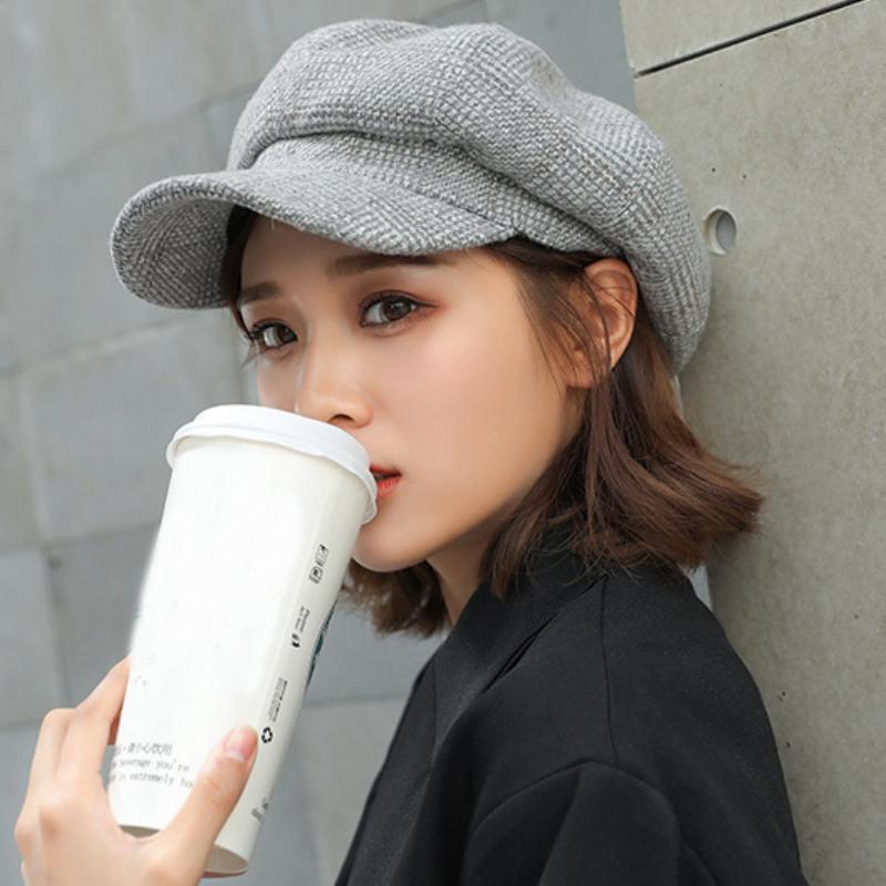 

HT1991 Women Men Wool Felt Berets High Quality Autumn Winter Hat Thick Warm Unisex Octagonal Cap Retro Plaid Beret Cap серый