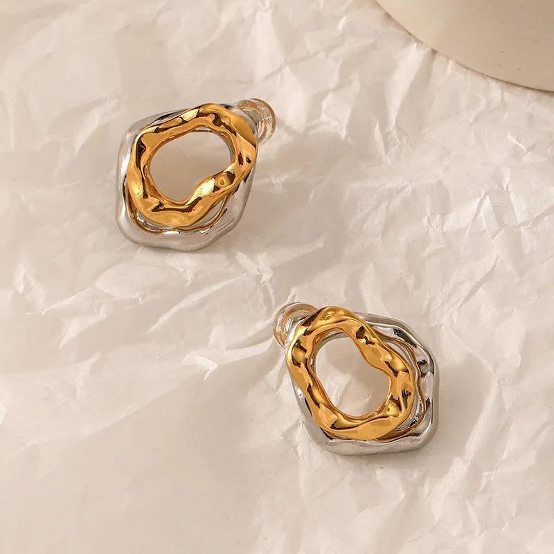 1PAIR Double Layer Irregular Geometric Pattern Copper Earrings, Uneven Surface Fashion Gold and Silver Jewelry Gift