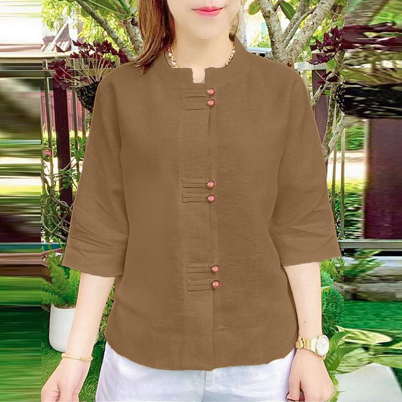 

ZANZEA Женская повседневная блузка в стиле ретро с воротником-стойкой и рукавами 3/4, однотонная