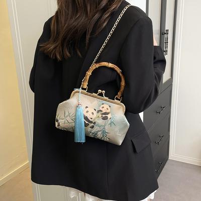 Fashion Retro Wind Bamboo Handle Panda Embroidery Clip Women's Small Square Bag New Versatile Fringed Shoulder Messenger Bag