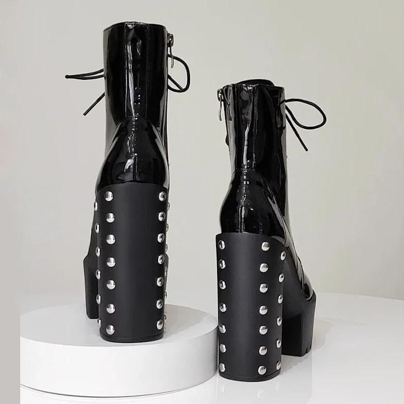 Eilyken Winter Designer Rivet Patent Leather Zipper Women Ankle Boots Platform Round Toe Square Heels Shoes Botines De Mujeres