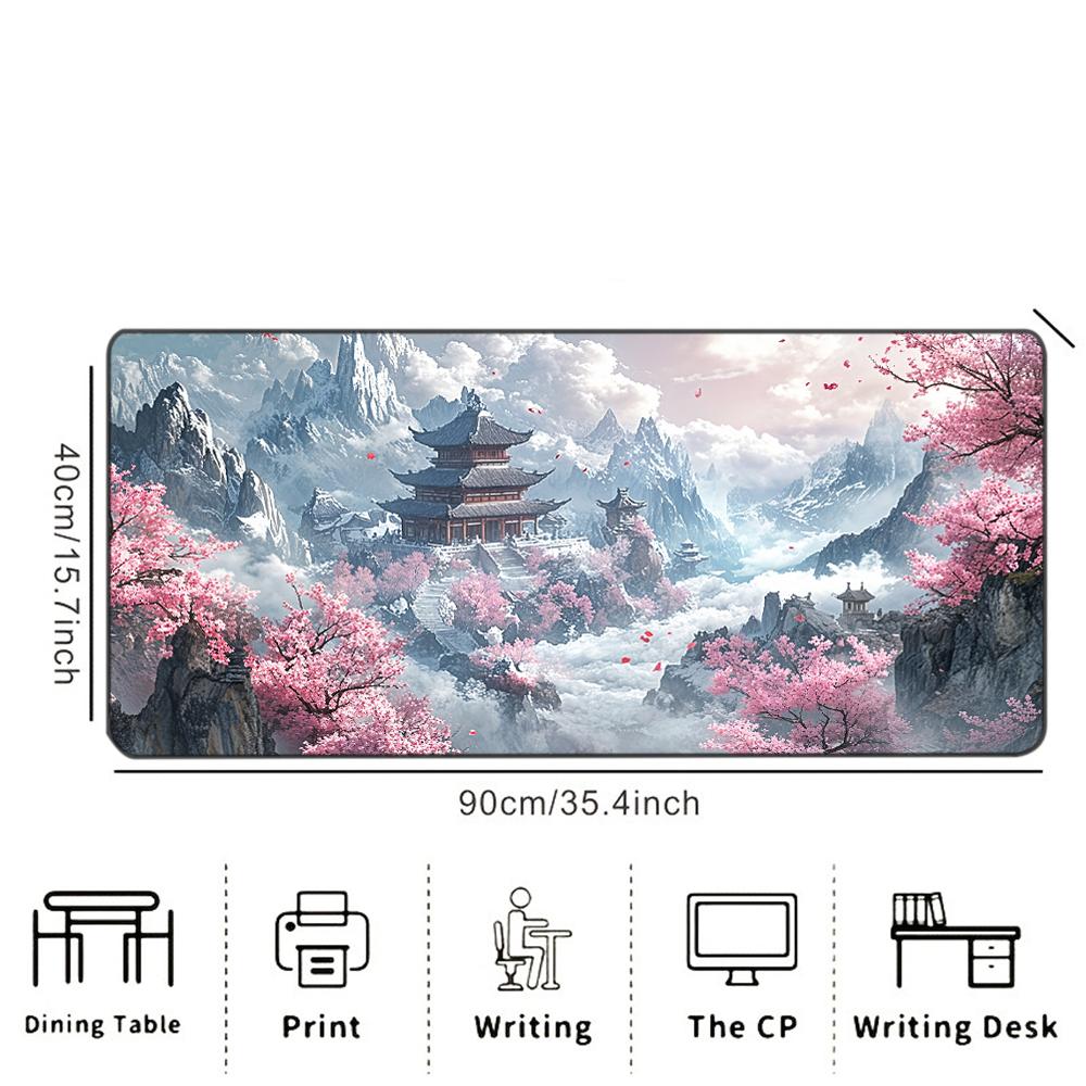 Sakura Mountain Pagoda Printed Desk Pad Extra Large Soft Rubber Mouse Pad Serene Aesthetic Gaming Keyboard Mat Multi-Size