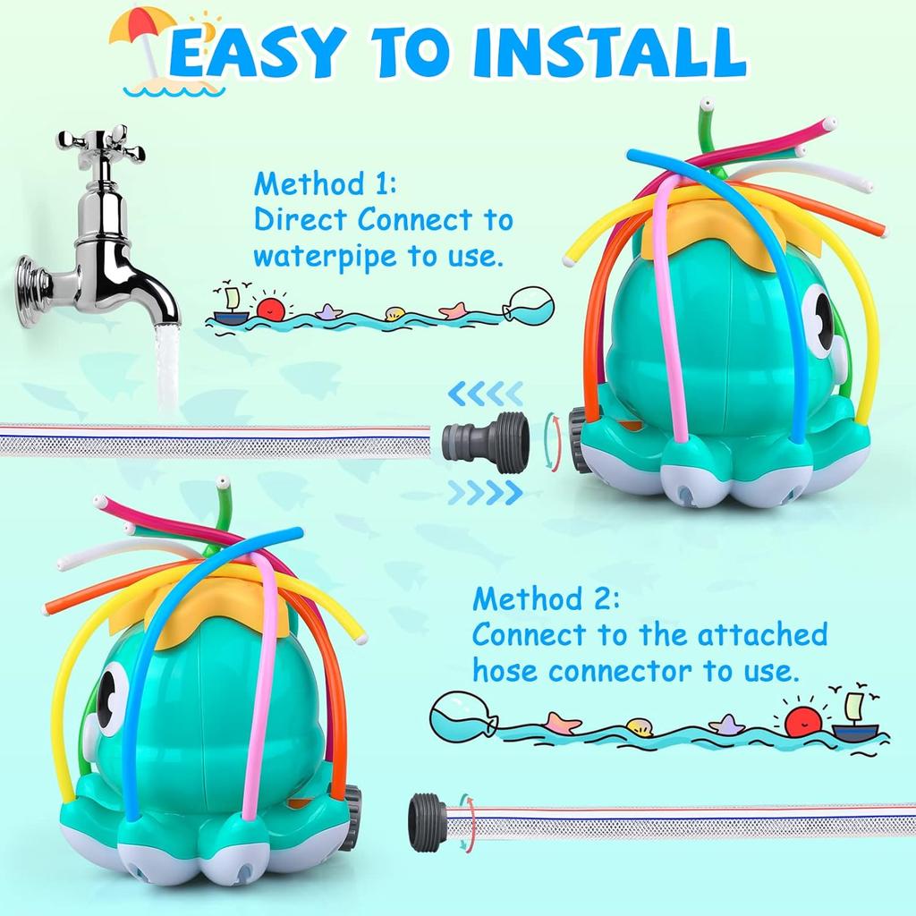Octopus Water Spray Sprinkler for Kids Outdoor Sprinklers Summer Octopuses Toys with 8 Wiggle Tubes and 2 Hose Clamps