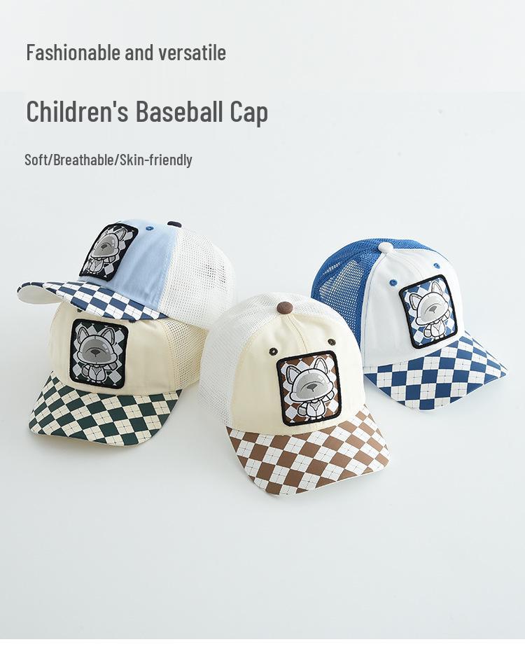 Kids' Cartoon Plaid Sun Hat: Windproof, Breathable Baseball Cap