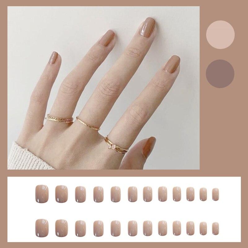 

Короткие поддельные ногтевые кусочки хаки ношение наклейки для ногтей готовые кусочки ногтей 24 штуки с клеем STTX889