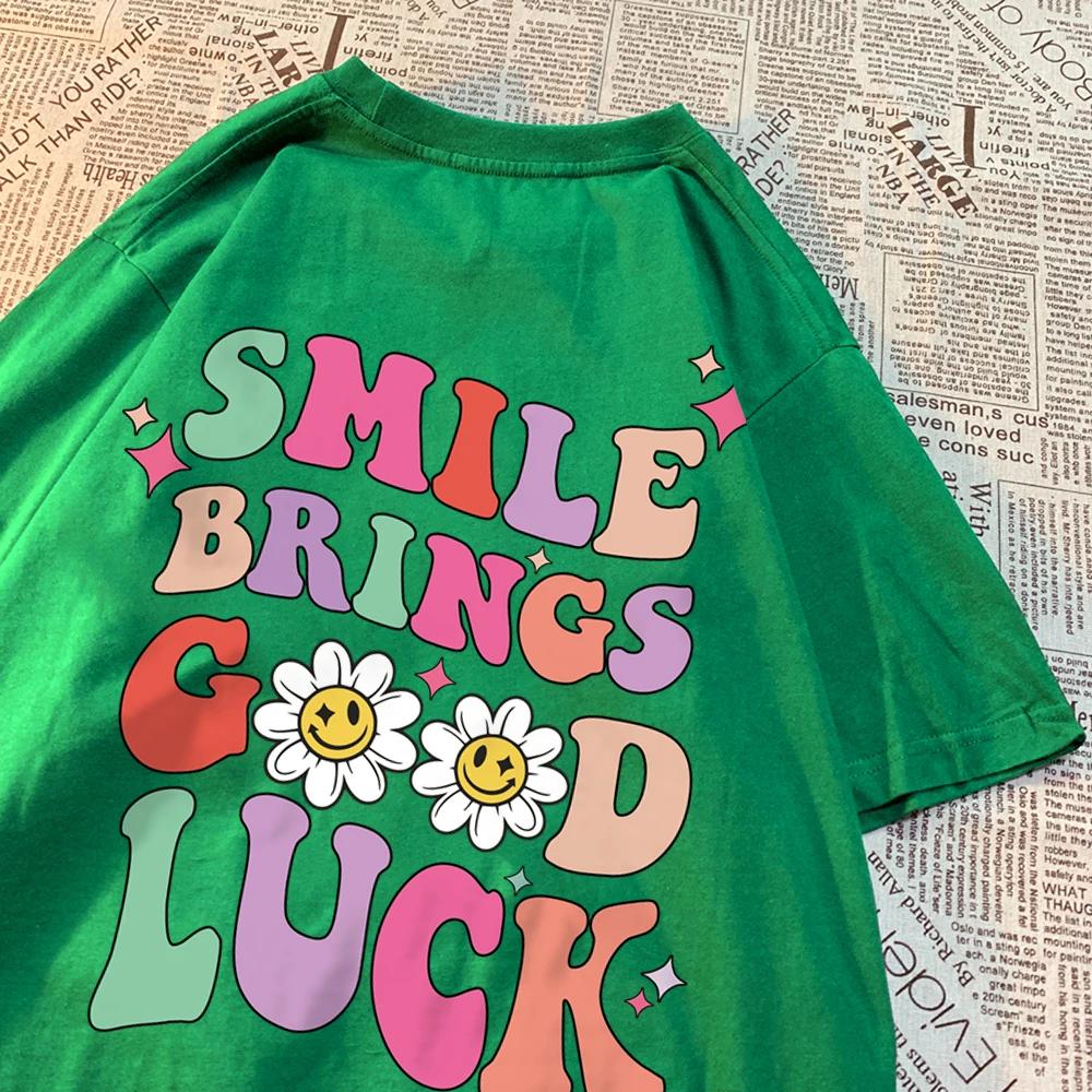 Smile Brings Good Luck Men Women Tshirt Pattern Cotton Tshirts O-Neck Breathable T-Shirt Simplicity Tee Clothes Couple Tops