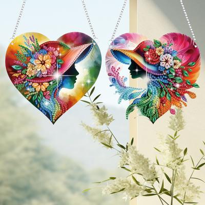 2Pcs Girl Theme 2D/Flat DIY Hanging Diamond Art Kits Single Side Drill Crystal Painting Ornament Wall Decor for Home & Windows