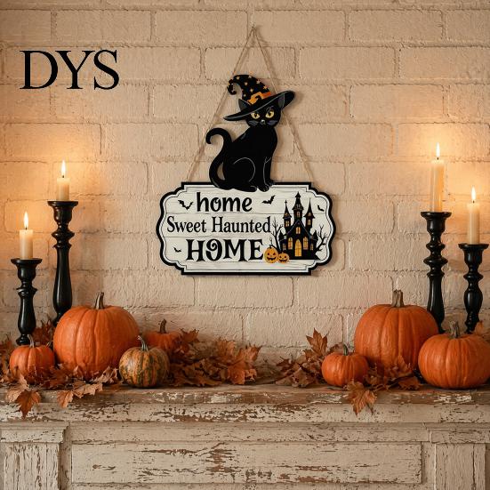 Rustic Wood Ornaments Halloween Wooden Welcome Door Sign, Black Cat Ghost Pumpkin Hanging Decor Indoor Outdoor Decorations for Porch, Farmhouse Spooky