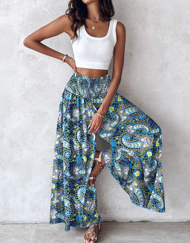 2024 Retro Floral Print Waist-Cinching Wide-Leg Pants for European and American Women