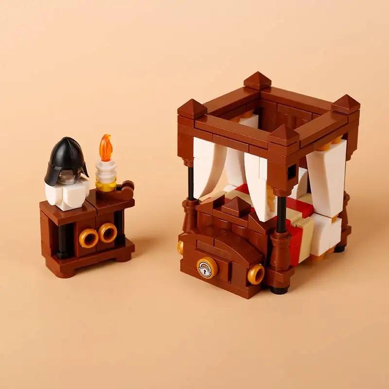MOC Medieval Building Blocks Set Hanging Cage Guillotine Castle Fountain Bonfire Tent Bulletin Board Ox Cart Carriage Gift Toy