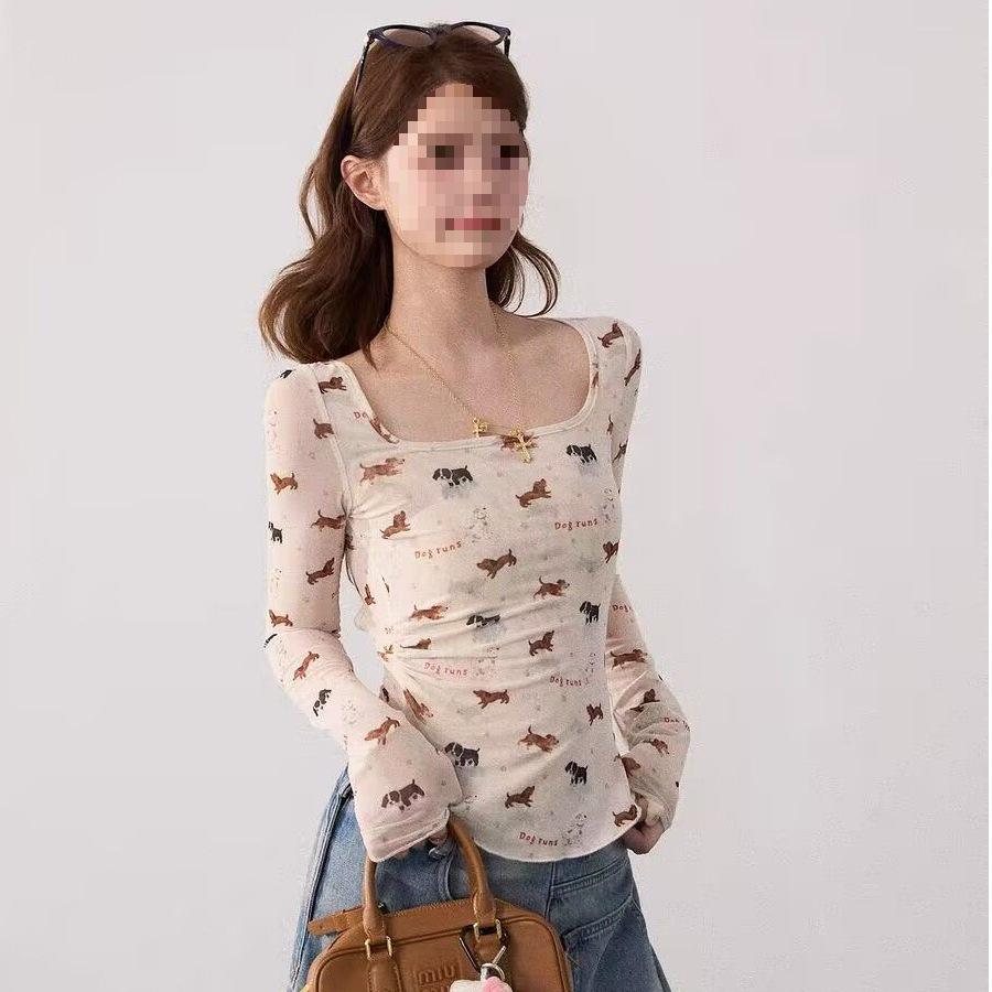 Trendy Pure Desire Slim-Fit U-Neck Printed Puppy Long-Sleeve T-Shirt for Women