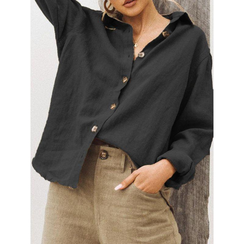 

Long-Sleeve Loose-Button Shirt European and American Lapel Long sleeve Solid Loose Women clothes Shirt Black XXXL