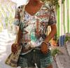 T-shirt con Volto Astratto Tasca Finta Stampa 3D T-shirt da Donna Scollo a V Manica Corta T-shirt Casual Y2K Top Harajuku Abbigliamento Femminile