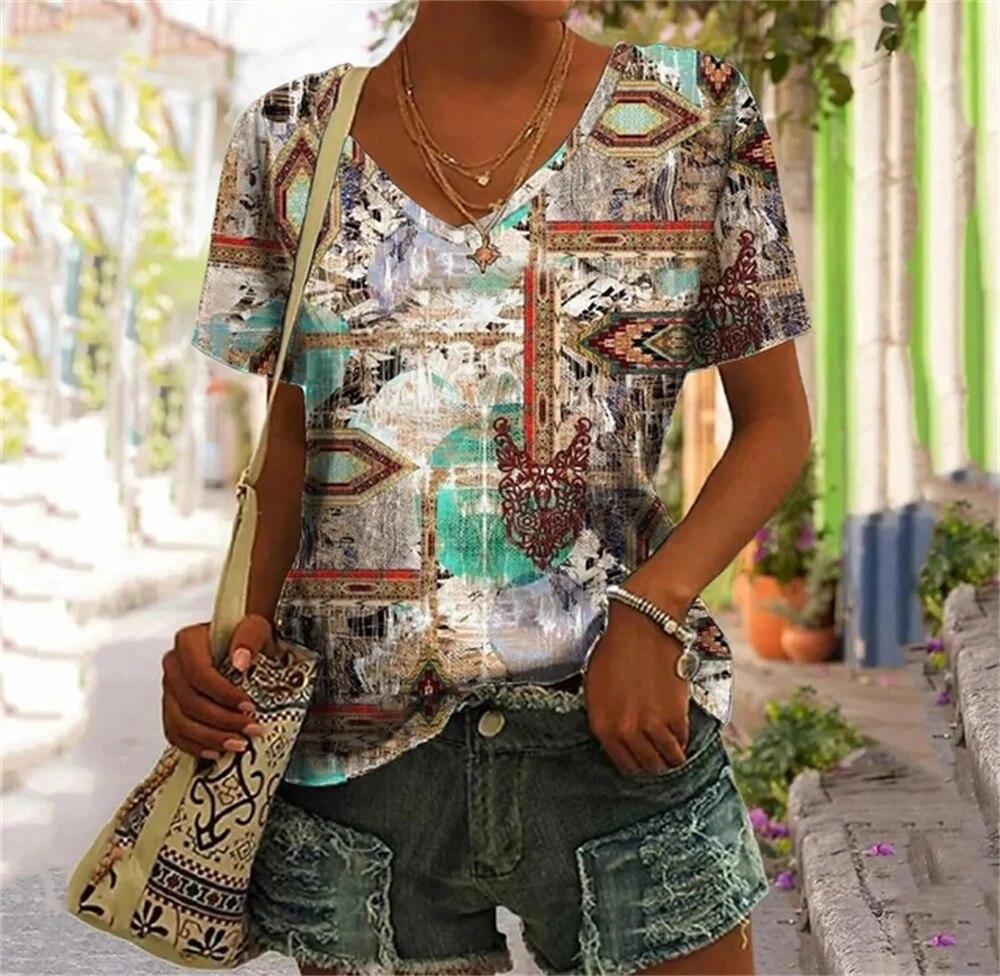 T-shirt con Volto Astratto Tasca Finta Stampa 3D T-shirt da Donna Scollo a V Manica Corta T-shirt Casual Y2K Top Harajuku Abbigliamento Femminile