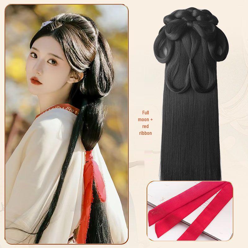Wei Jin Headdress & Hanfu Costume Wig Set: Includes Warring States Robe, Hair Bun, Ma Mian Skirt, and Hair Accessories.