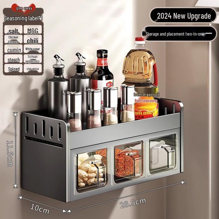 Wall-Mounted Kitchen Seasoning Rack: Punch-Free Multifunctional Condiment Set with Jars