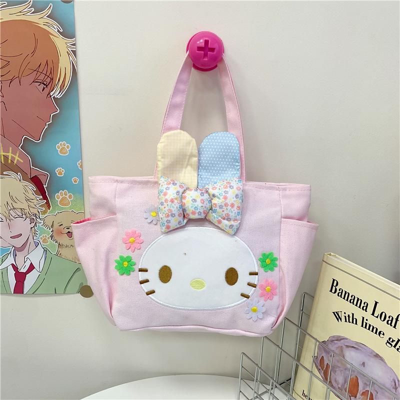 New cute rabbit ears flower canvas embroidered shoulder bag lunch bag portable student bento shoulder bag