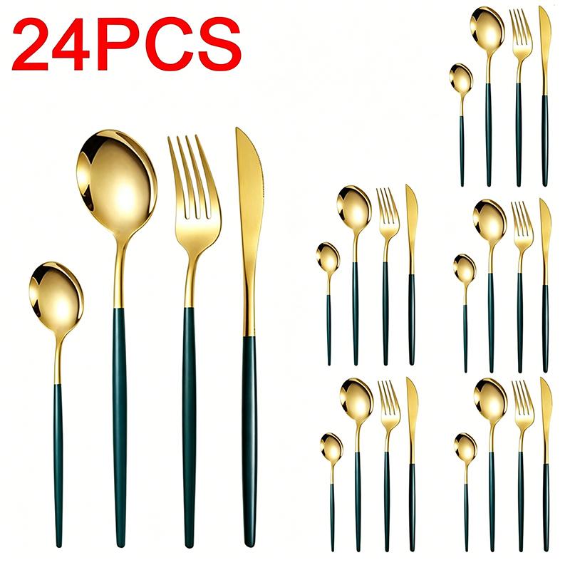 24Pcs Black Handle Gold Cutlery Set of Spoons and Forks, Stainless Steel Utensils for Daily and Festival Use Tea Spoon DCS006