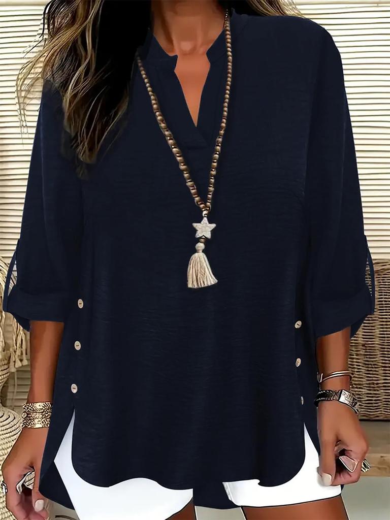 Plus Size Solid Color V-Neck Long Sleeve Button-Up Top - Women's Spring/Autumn Elegant Shirt