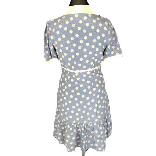 PAUL & JOE 100% Silk Polka Dot Short Sleeve Dress/Women’s Size S/36/Blue Tone/Side Zip Collared(USED)