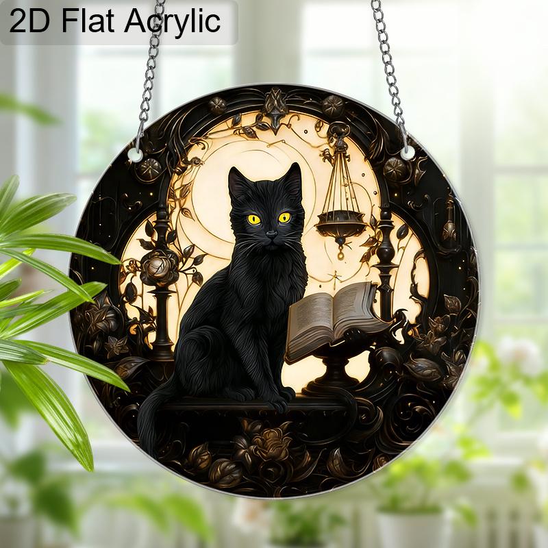 Acrylic Gothic Black Cat with Book, Scale and Moon Suncatcher, Stained Glass Effect Window Hanging Ornament for Witchy & Dark Academia Lover Gifts