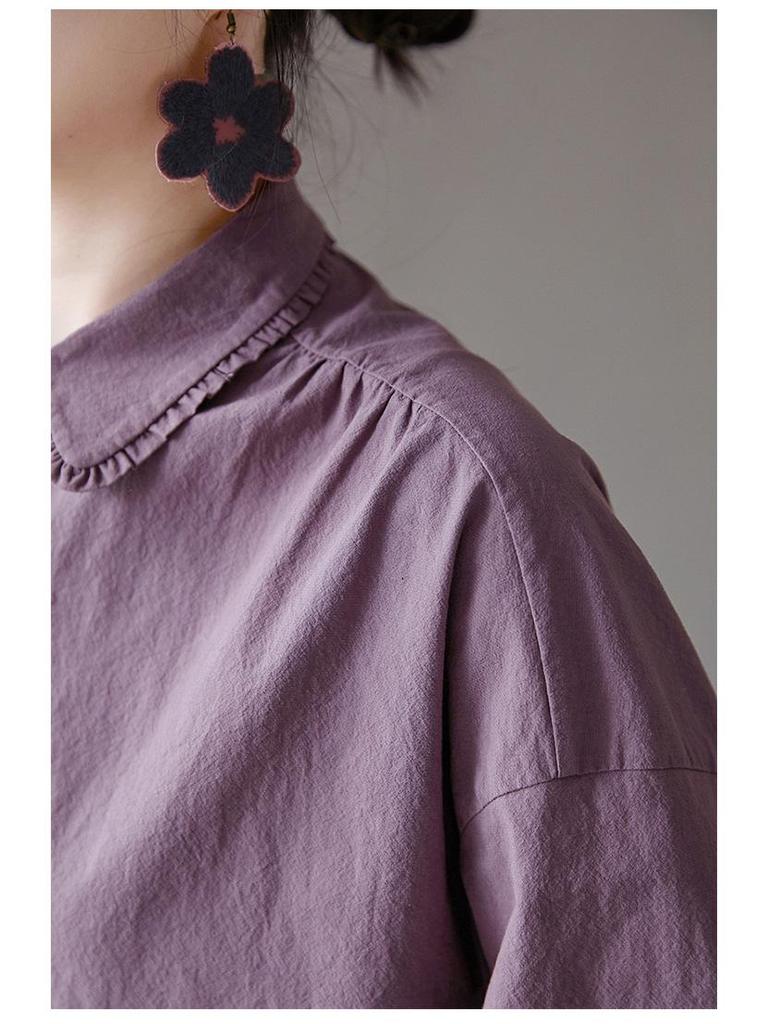 Retro Ash Purple Loose Winter Shirt with Small Lapel