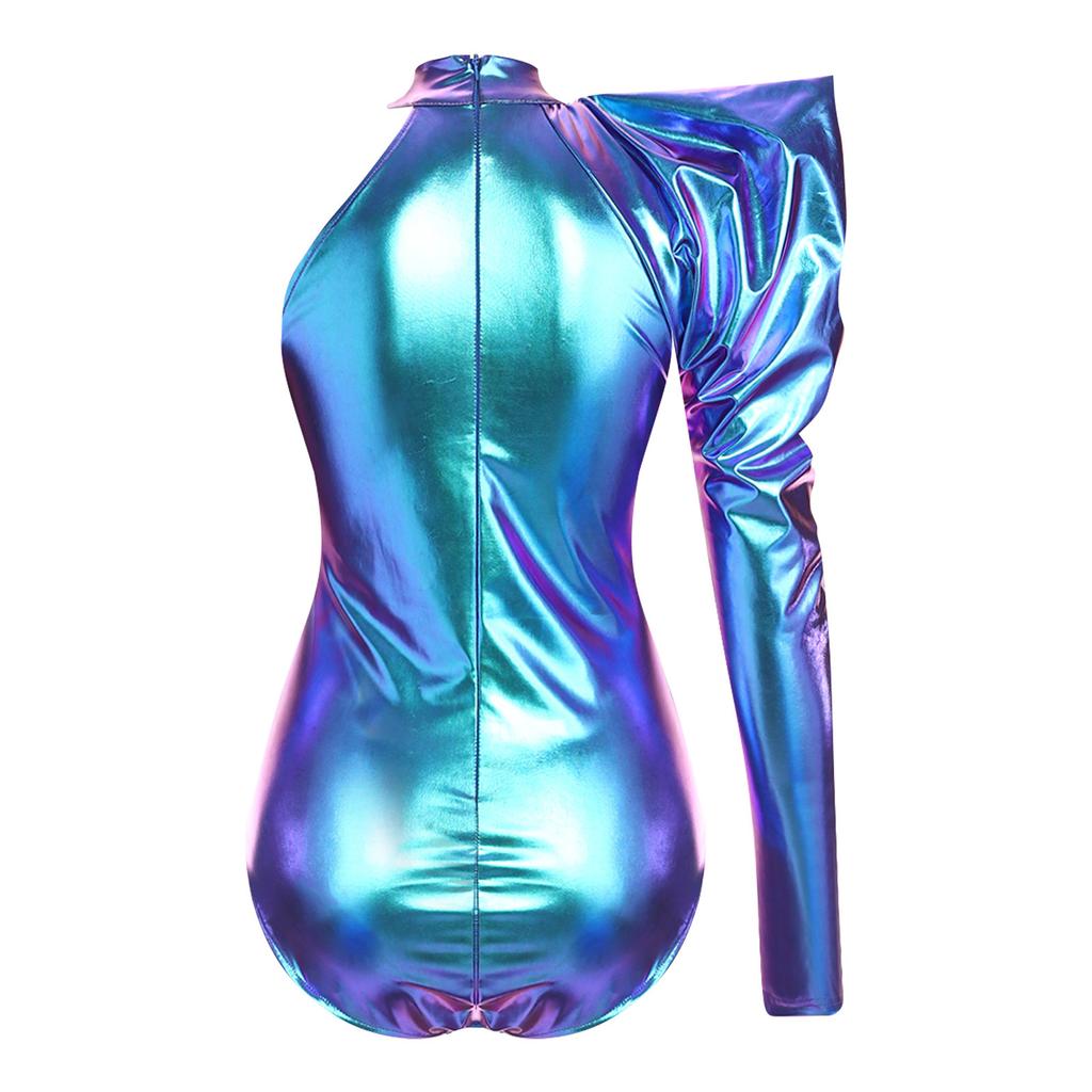 Women Metallic Shiny Bodysuit Dramatic Puff Sleeve Long Sleeve One Shoulder Mock Neck Asymmetrical Leotard