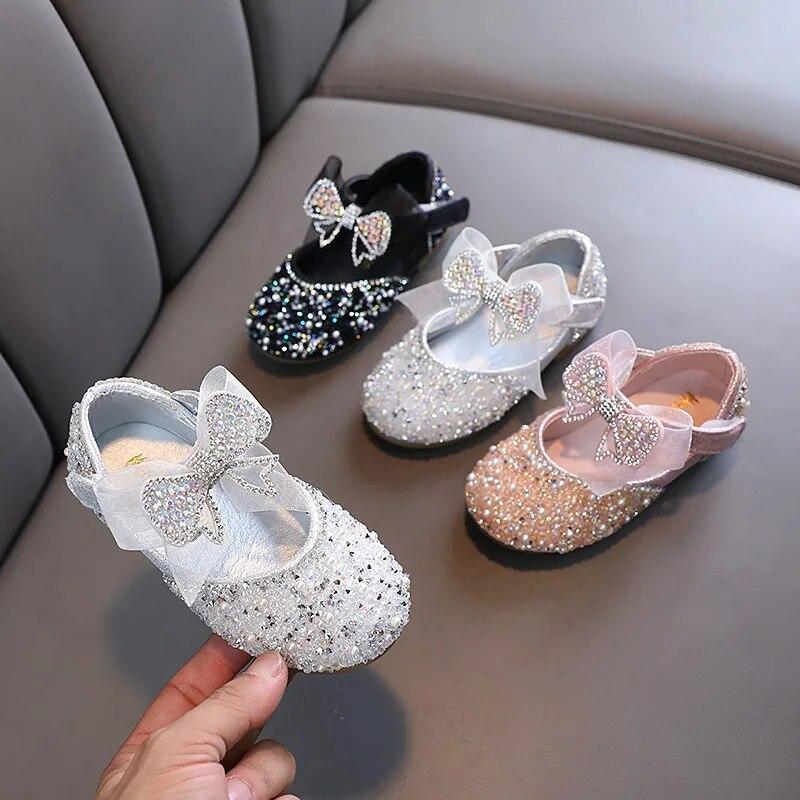 Children's Sequined Leather Shoes Girls Princess Rhinestone Bowknot Single Shoes Fashion Baby Kids Wedding Shoes