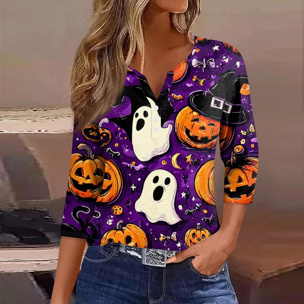 Damen V-Ausschnitt Knopf Halloween Dreiviertelarm T-Shirt Top