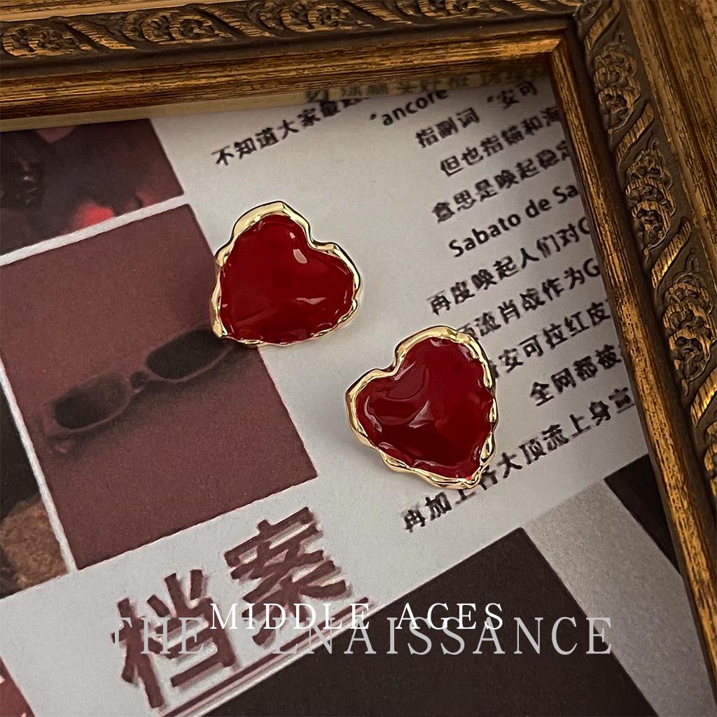Boucles d'oreilles pendantes vintage en émail rouge bordeaux - Clous de style rétro français