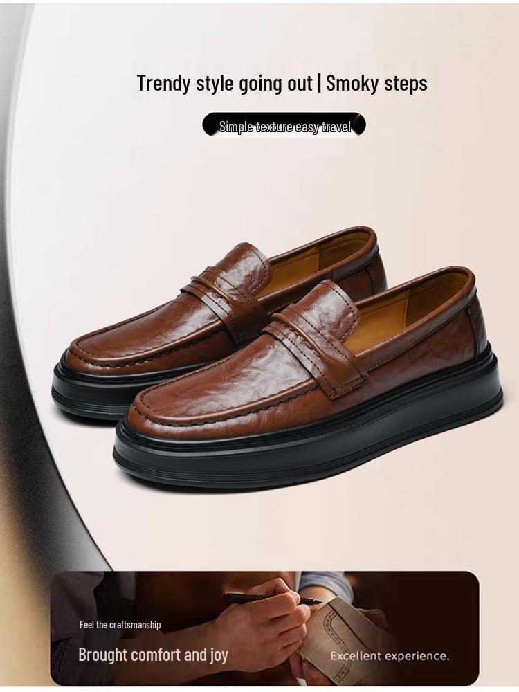 2450 Men's Slip-On Leather Loafers, Thick Sole, Casual, Low-Top, Large Size, Handmade Cowhide, Spring Shoes