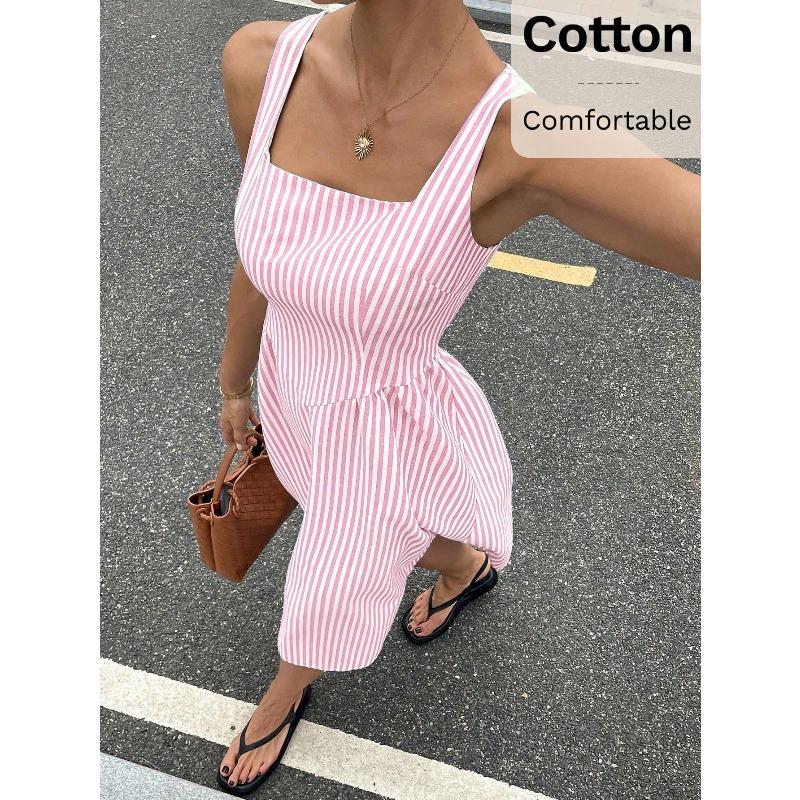 YYFS Women's Fashion Summer Spring Stripe Print Sleeveless Square Collar High Waist Casual Dresses