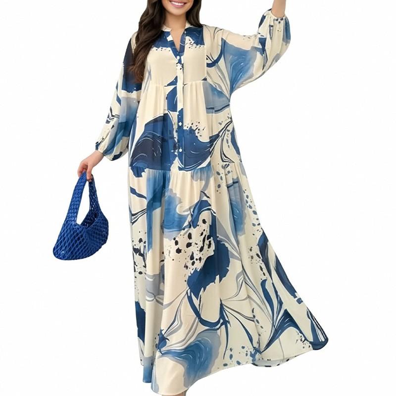 Womens Loose Floral Print Long Sleeve Wrap Dress With Lantern Sleeves High Waist A-Line Midi Casual Elegant