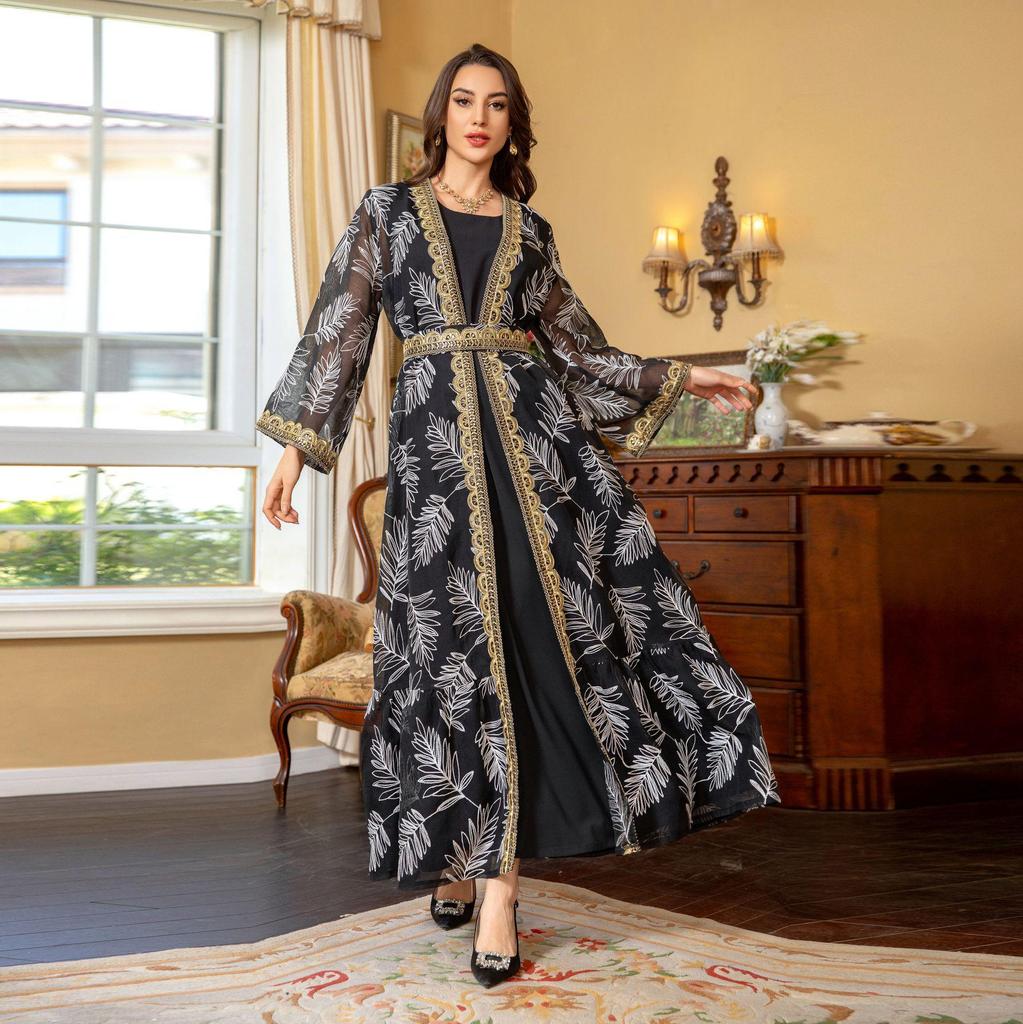 AB363 Dubai Eid al-Adha Mesh Embroidery Patchwork Muslim Two-Piece Set