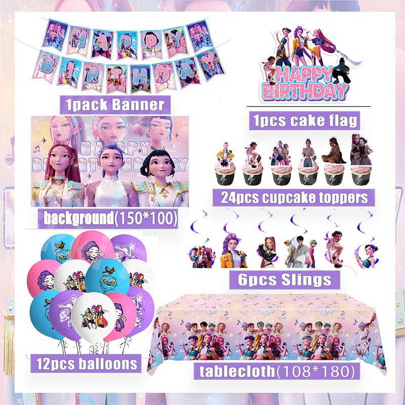 

New Demon Hunters Birthday Party Decor Tableware Banner Decoration Cake Topper Balloon Girl Kid Korean Kpop Anime Party Supplies 60pieces