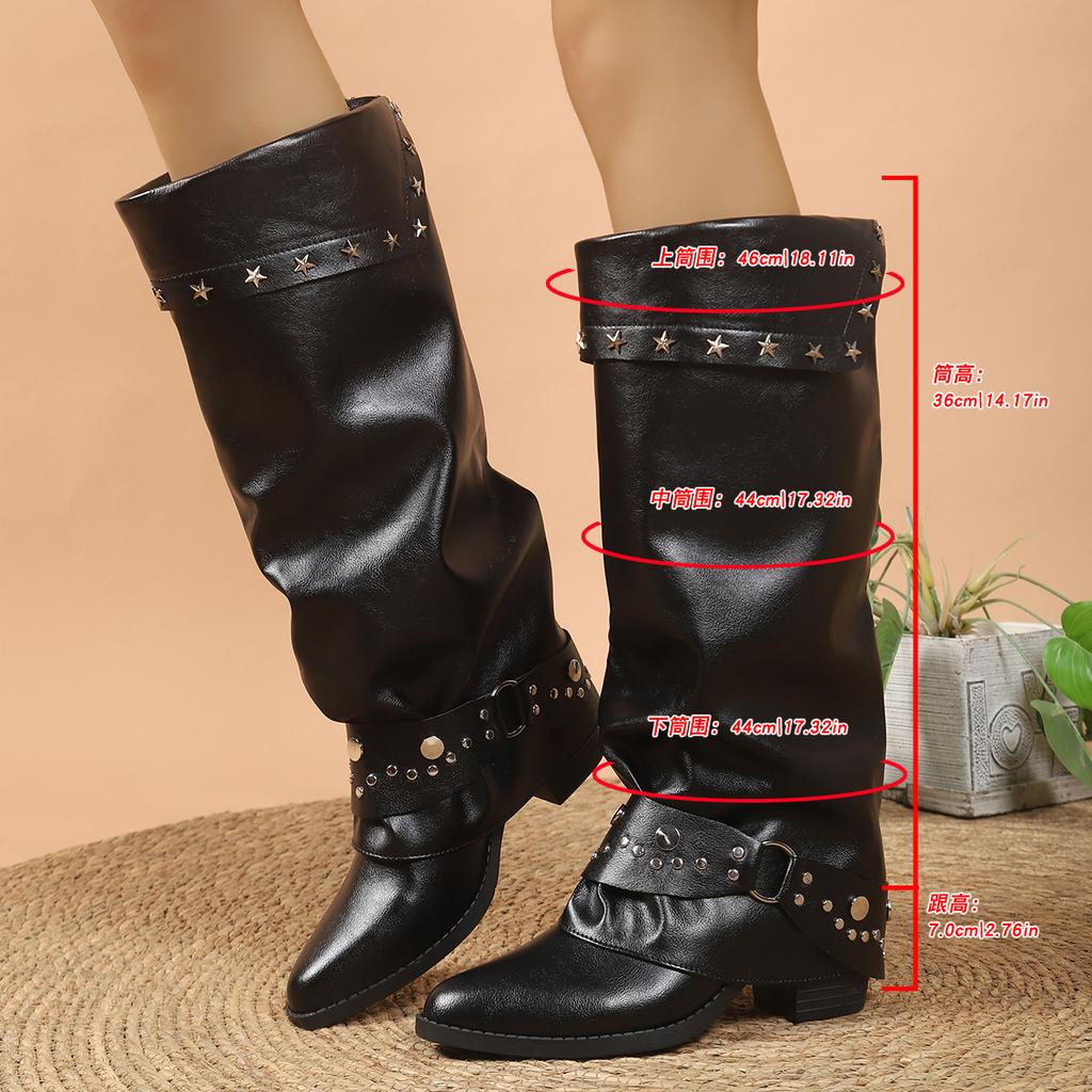Autumn new belt buckle pleated stacking boots women's pointed retro rivet large size high heel boots