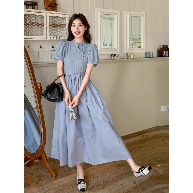 Blue New Chinese Dress, Summer Women's New Cheongsam Improved, Light and Mature, Foreign Style and Thin Long A-shaped Skirt