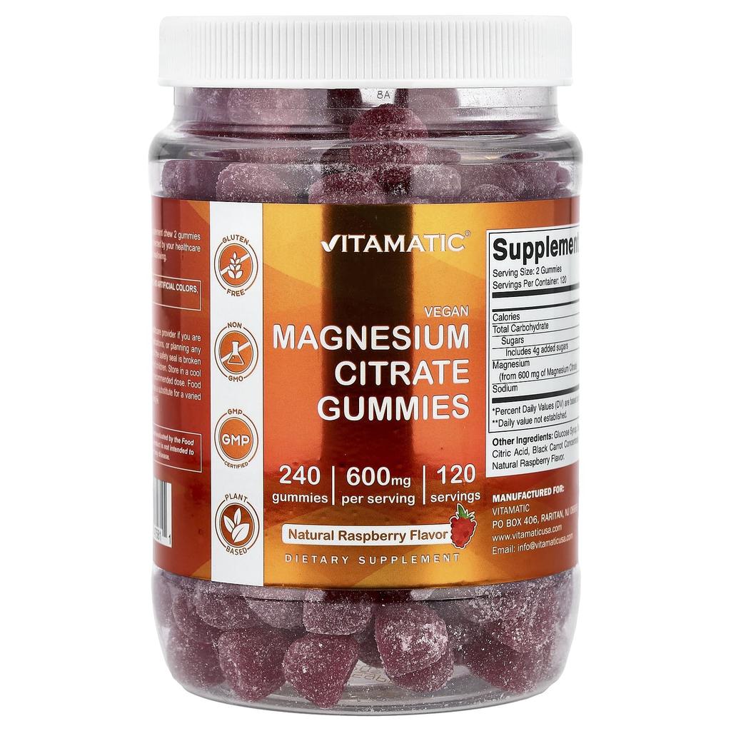 Vitamatic, Magnesium Citrate Gummies, Natural Raspberry, 240 Gummies (300mg per Gummi)