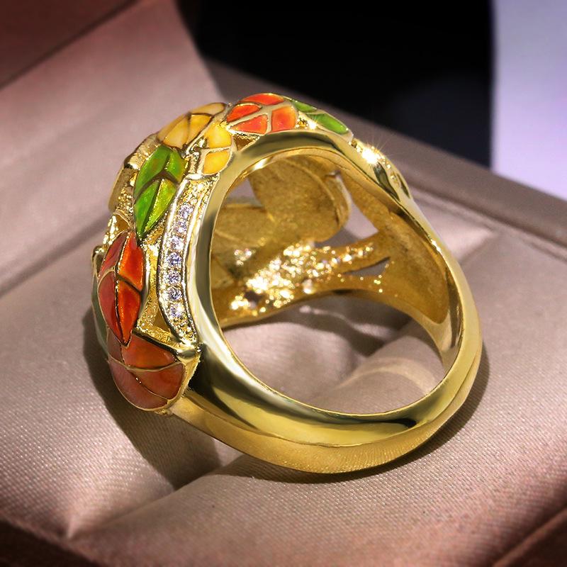 Ring for Women Retro Colored Enamel Ring Gold-plated Exaggerated Leaves Ring Children