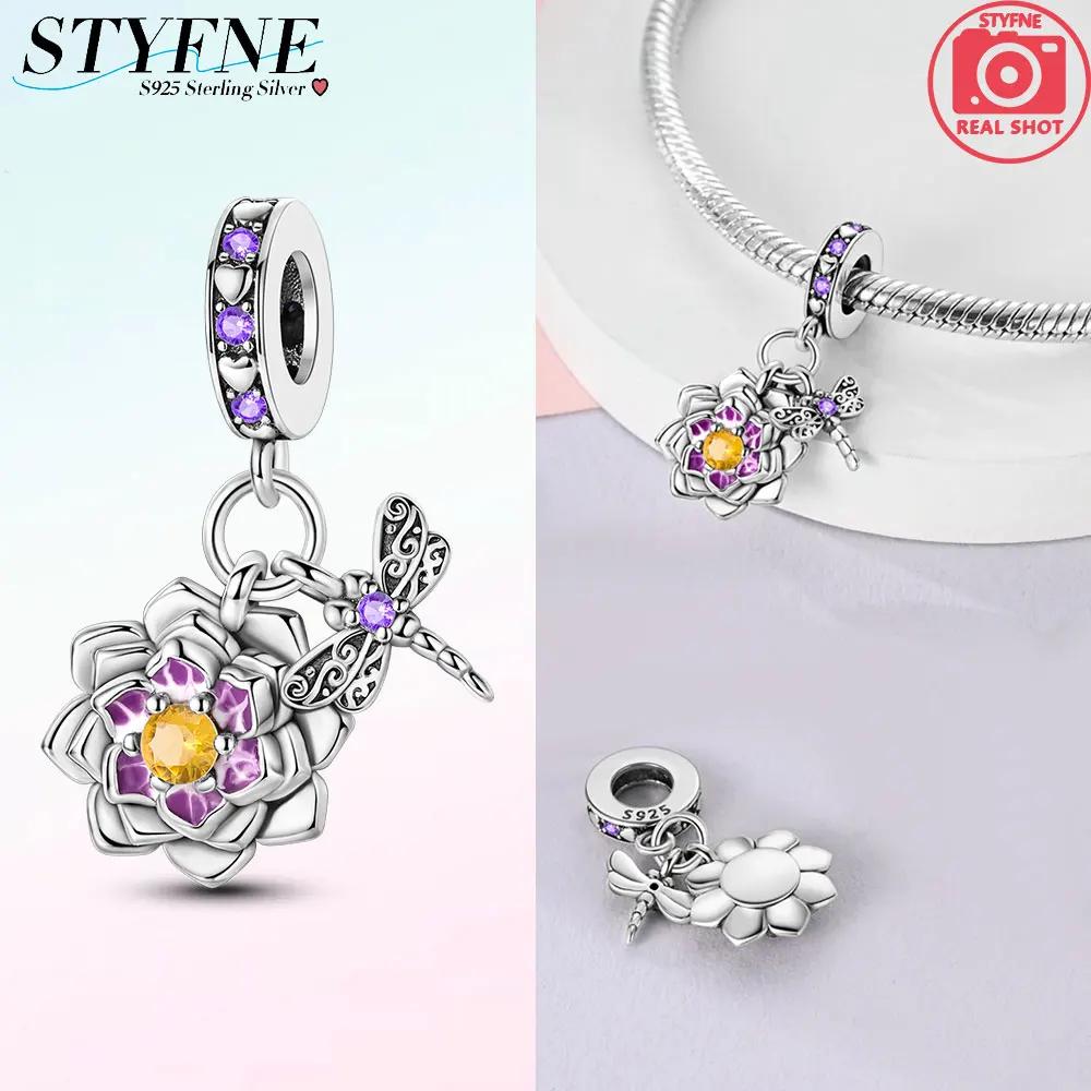 Copper Plated Purple Water Lilies Dragonfly Pendants Fit Charms Plataoriginal Bracelet Beads Women Jewellery Making