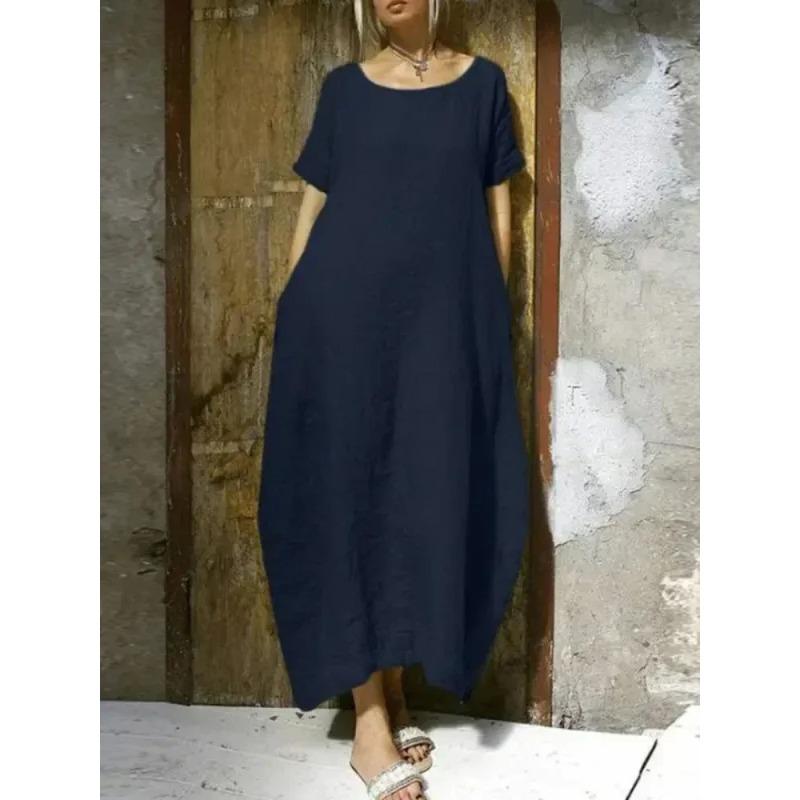 Casual Women Long Dress Oversized Loose Short Sleeve Dress Women Reathable Round Neck Holiday Dresses  Autumn