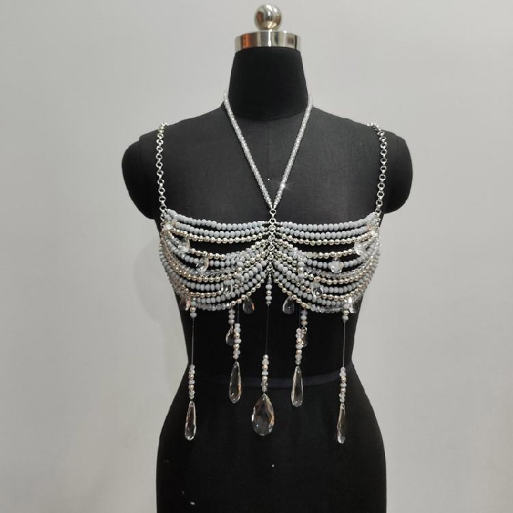 Crystal Beaded Tassels Layered Necklace Halter Neck Chest Chain Shimmering Body Jewelry Camisole Bralette For Women