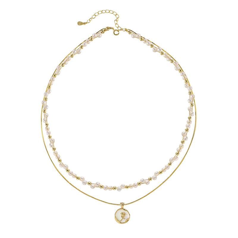 Freshwater Pearl Double Stacked Chain Dripping Oil Rose Necklace Cross Braided Small Granular Freshwater Pearl Clavicle Chain