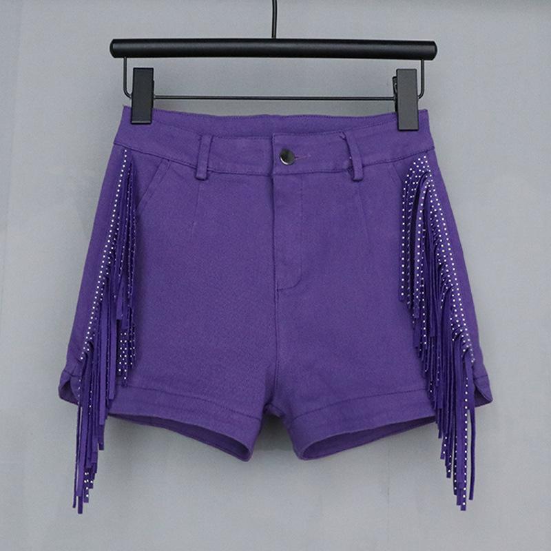 

Diamond Inlaid Candy Color Tassel Shorts - Korean Style Fashionable Mid-Waist Denim Hot Pants for Women L [105-115 lbs]