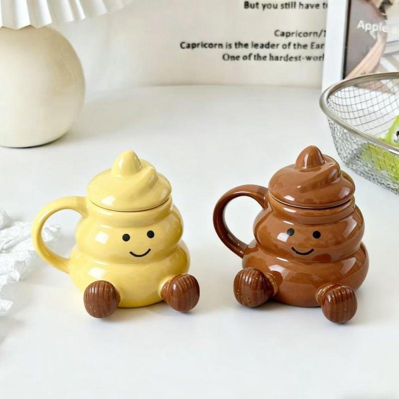 Creative Cute Short Leg Mug with Lid Ceramic Cup Birthday Gift Office Drinking Water Pier Pier Cup Couple Model