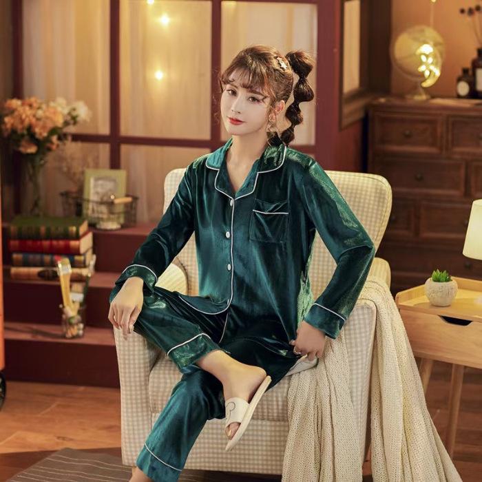 [Golden Velvet] Women's Plush Coral Fleece Pajama Set - Red, Warm for Autumn & Winter