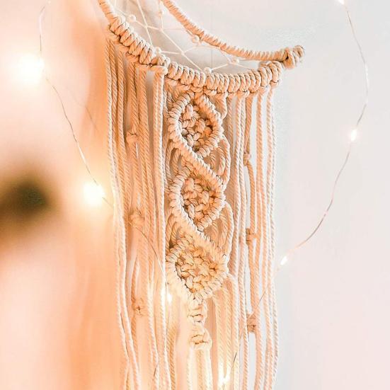 Woven Wall Hanging Wall Decoration with Long Tassel- White Cotton Handmade Home Decor Art Craft for Bedroom Dorm Garden