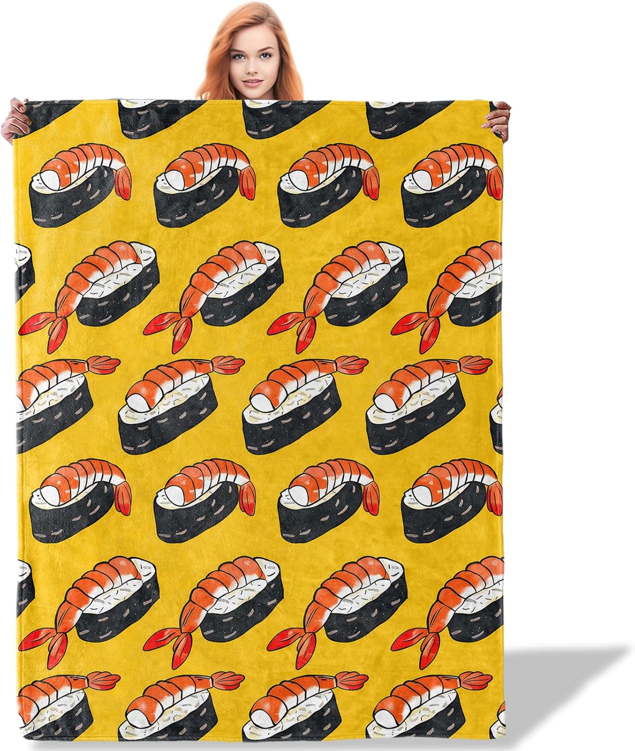 Sushi Throw Blanket , Playful Japanese Cuisine Design Blankets for Kids Room Decor, Soft Flannel Sushi Gifts for Food Lovers and 75X95CM